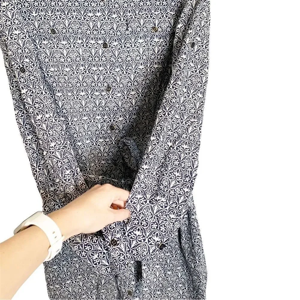 Tory Burch Blue Tile Printed White Button Up Belted Long Sleeve Work Dress Siz 8